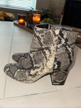 Sam Edelman Snake-Print Block Heel Ankle Boots - Gray Cream Black